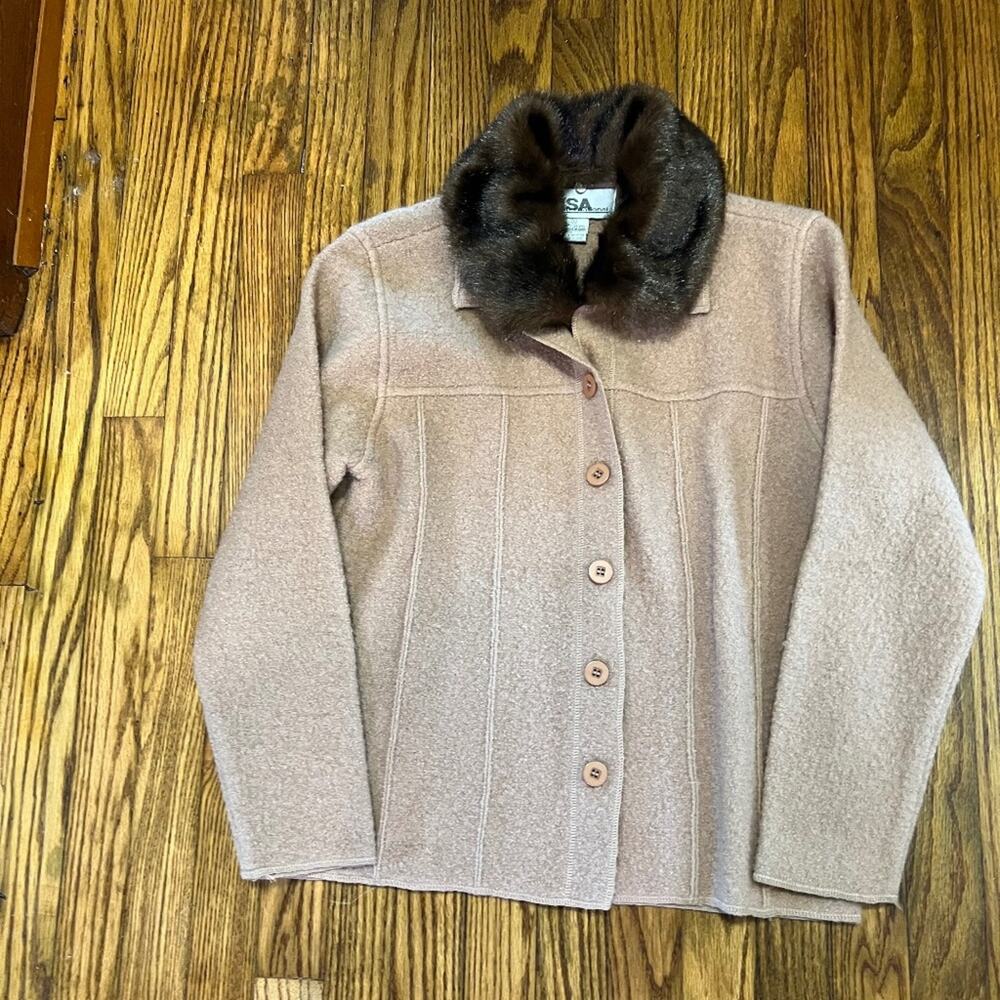 Vintage Boiled Wool Jacket Removable Faux Fur Collar- Lisa International S